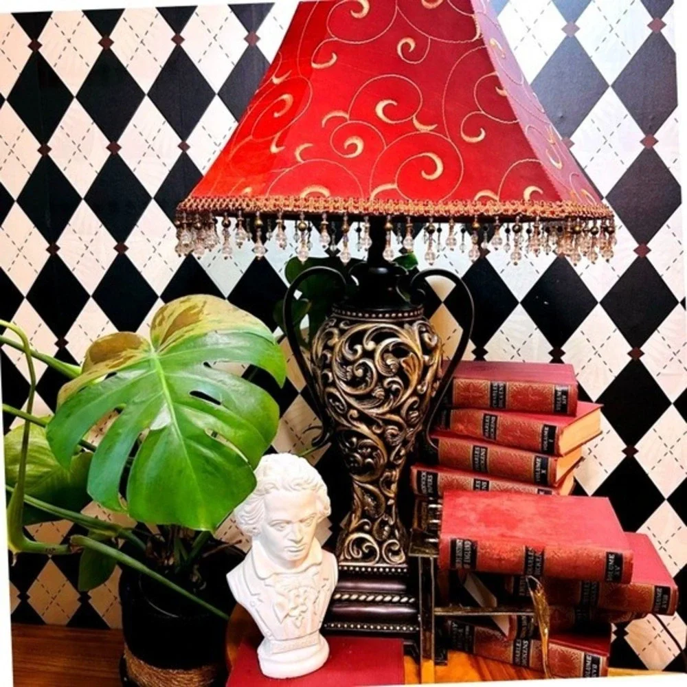 Moody Vintage Table Lamp‎ with Deep Burgundy Shade| Ornate Baroque Decor